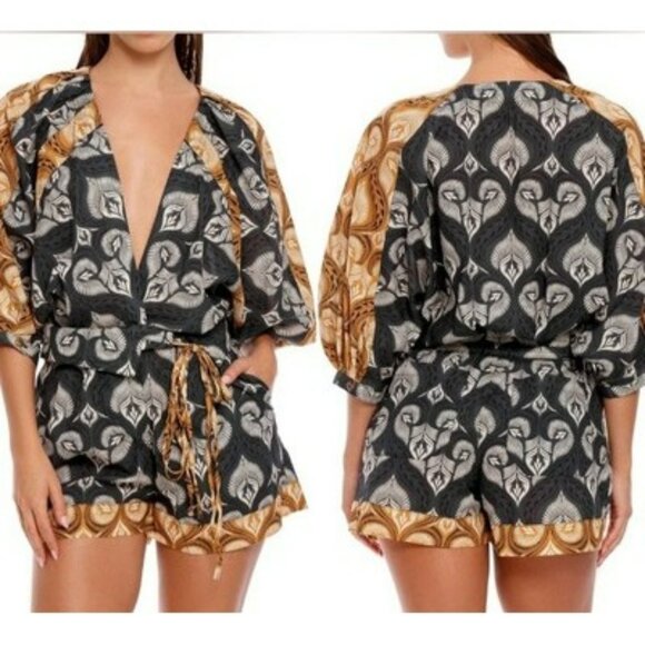 Agua Bendita Womens Boho Romper With Belt Peacock Feather Print Cotton Size M - Picture 1 of 11